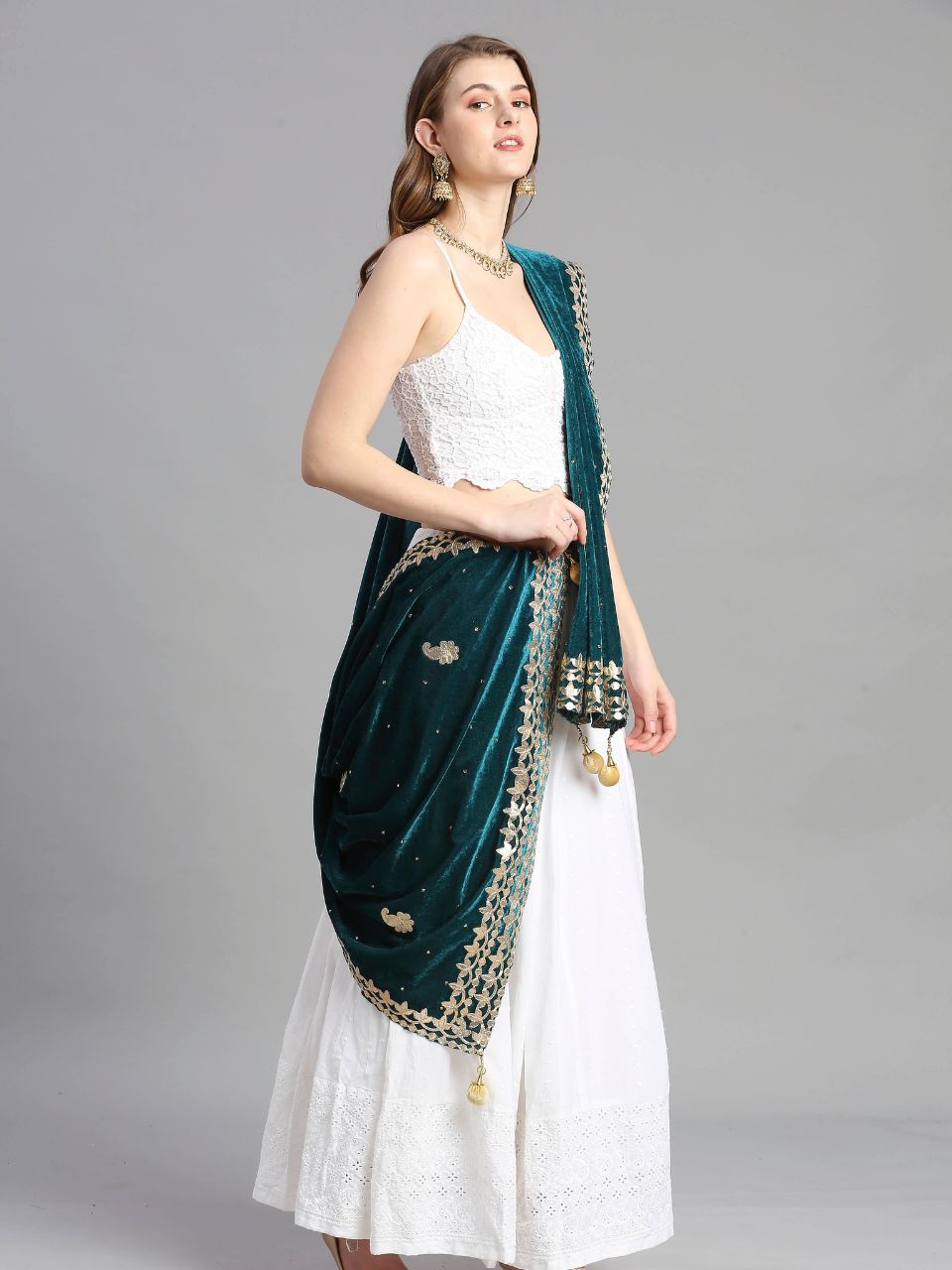 Gotta Patti Work Velvet Teal Dupatta With Danglers