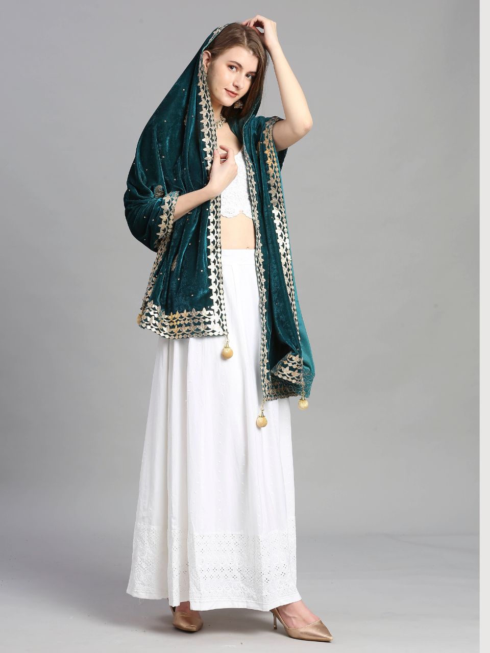 Gotta Patti Work Velvet Teal Dupatta With Danglers