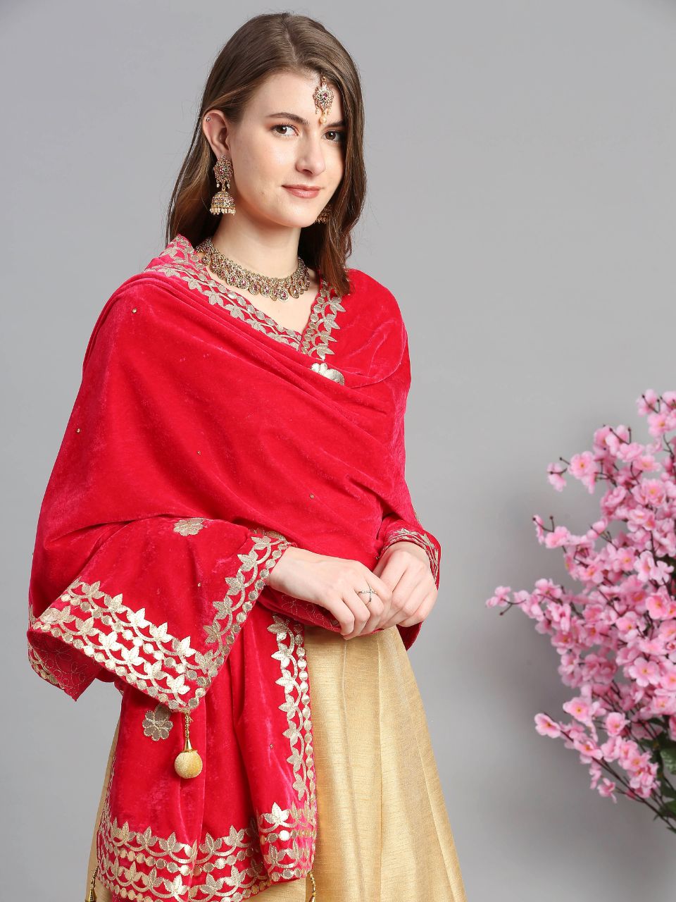 Gotta Patti Work Velvet Dupatta With Danglers