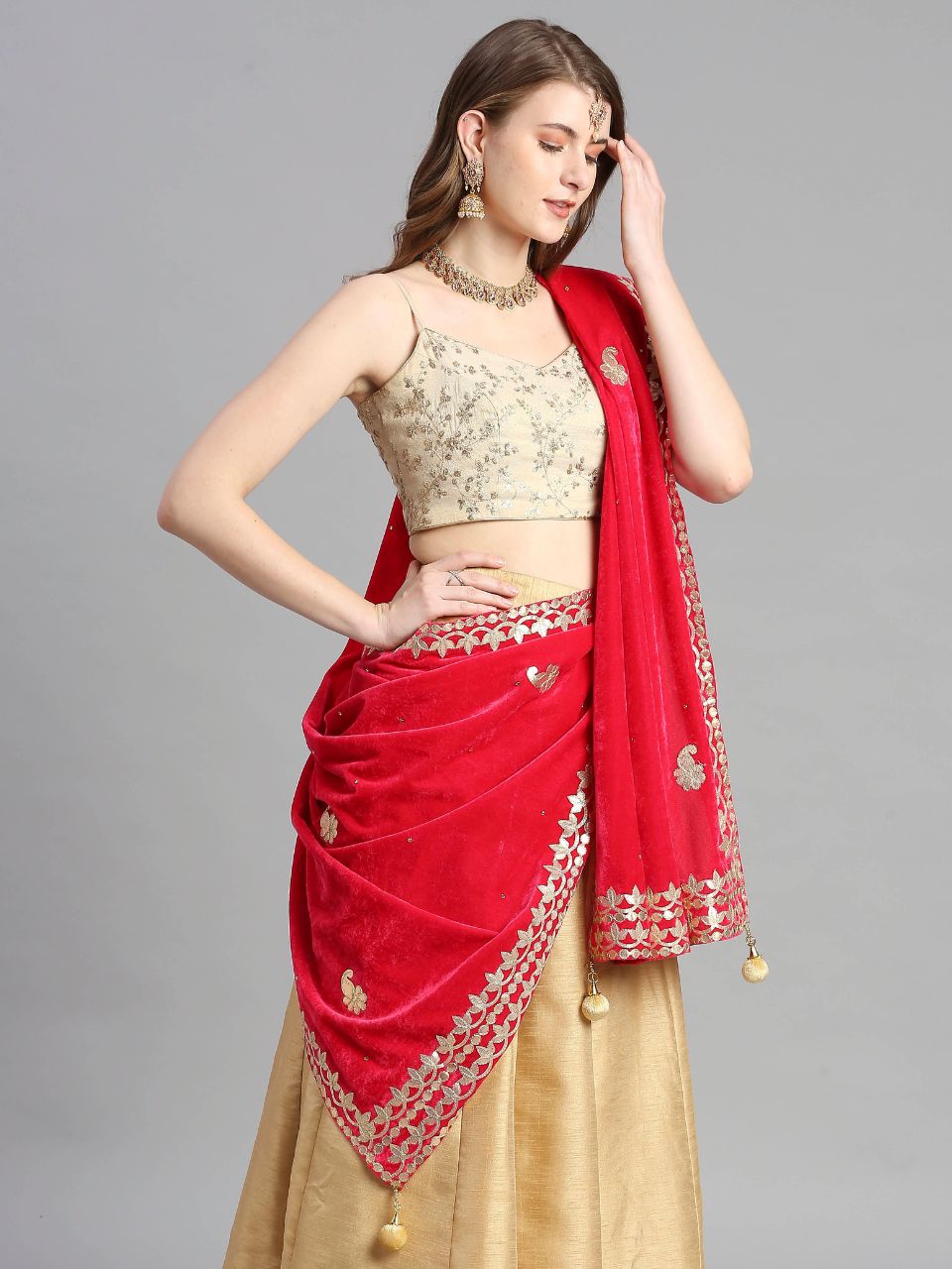 Gotta Patti Work Velvet Dupatta With Danglers