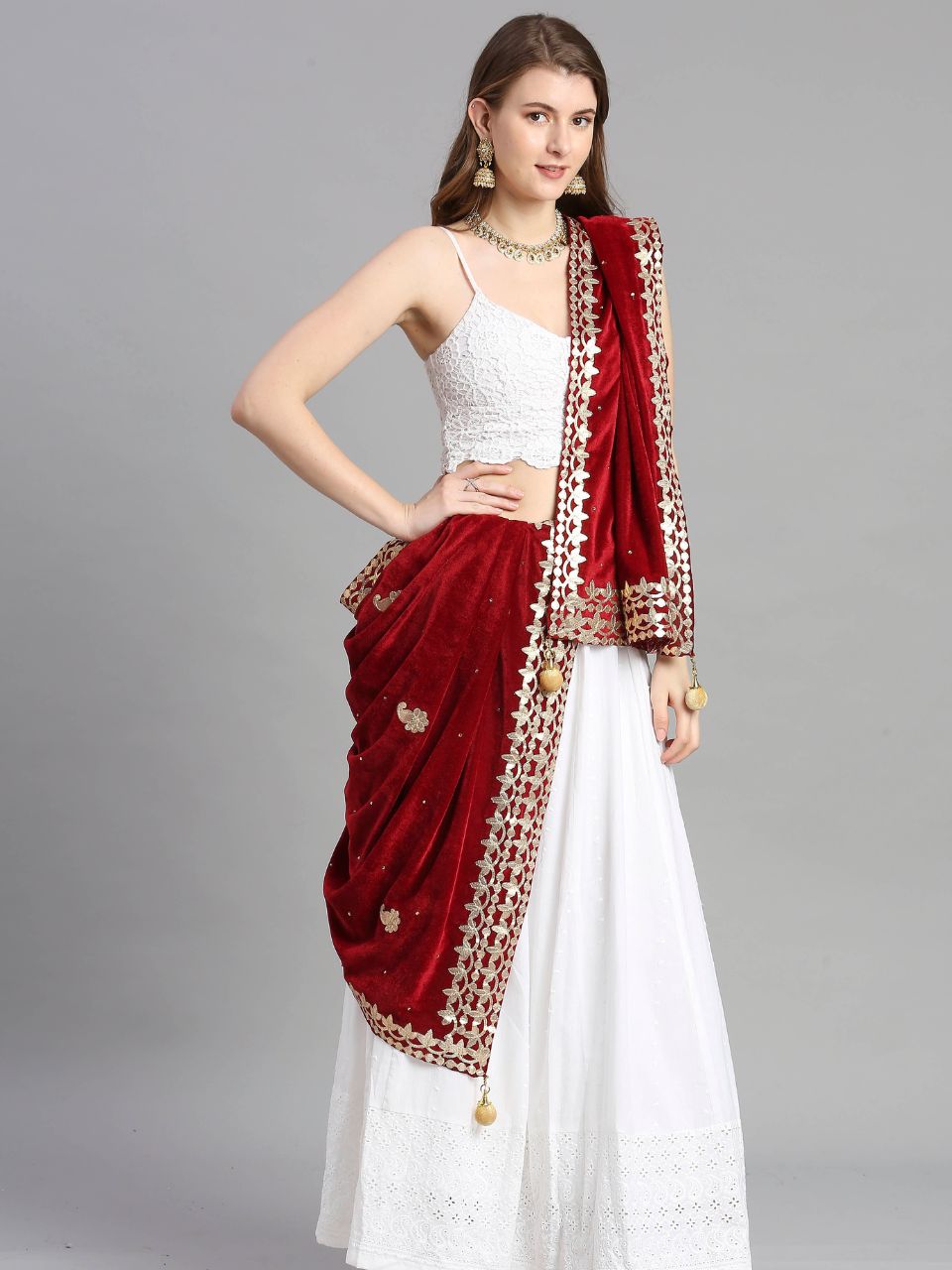 Gotta Patti Work Velvet Dupatta With Danglers