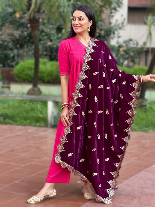 Embroidered Velvet Dupatta with Scalloped Borders