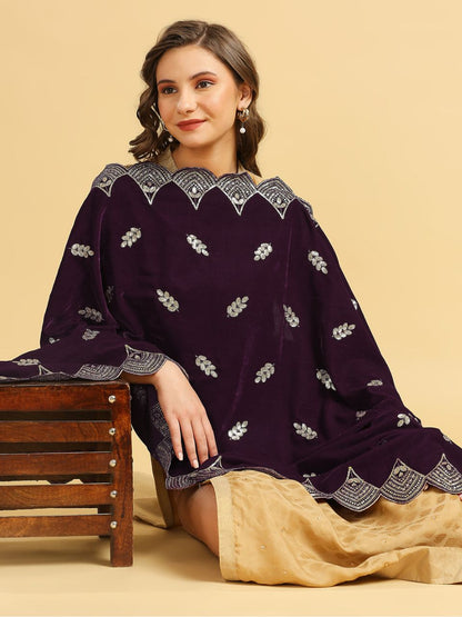 Embroidered Velvet Dupatta with Scalloped Borders