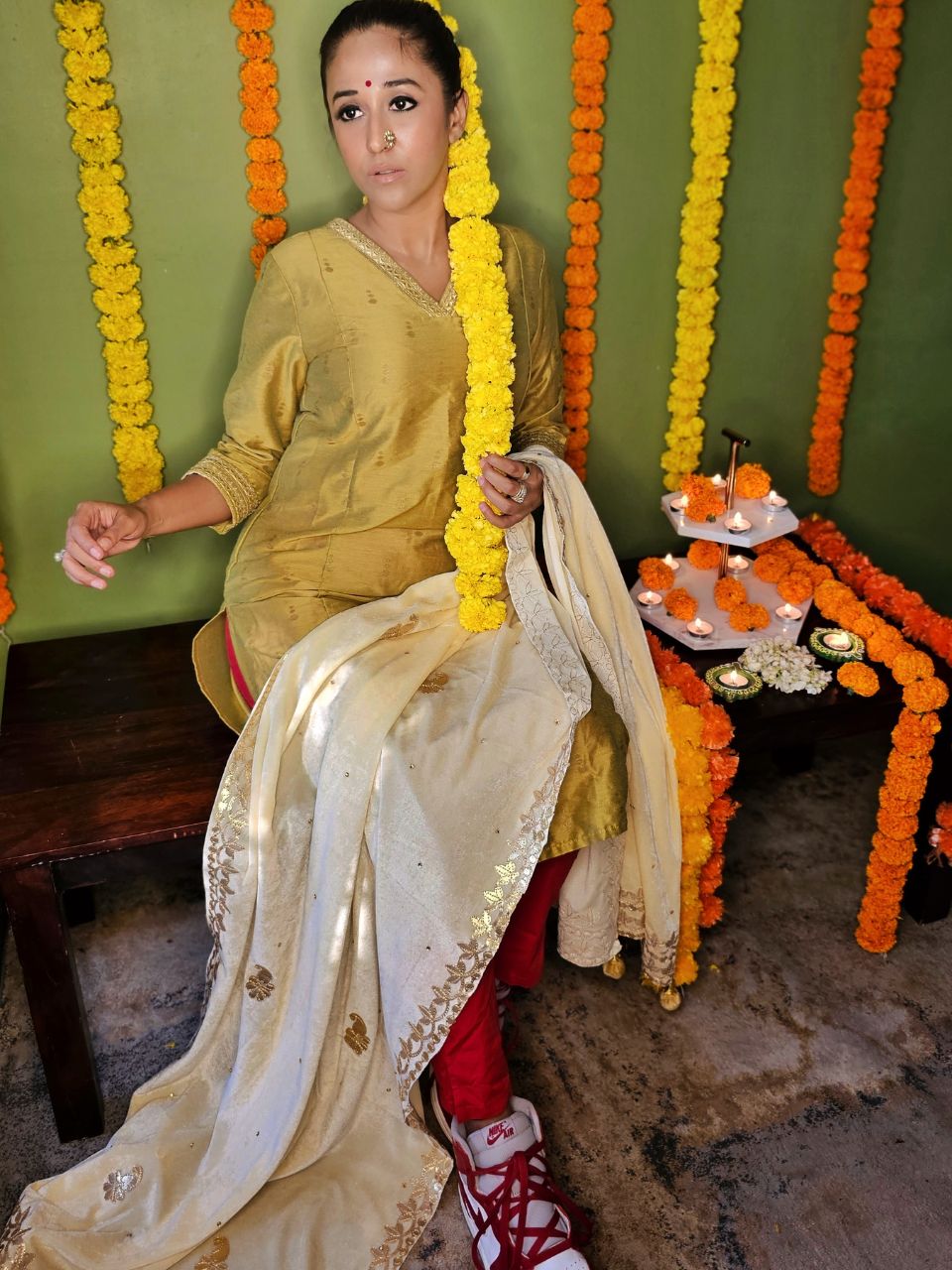 Gotta Patti Work Velvet Cream Dupatta With Danglers