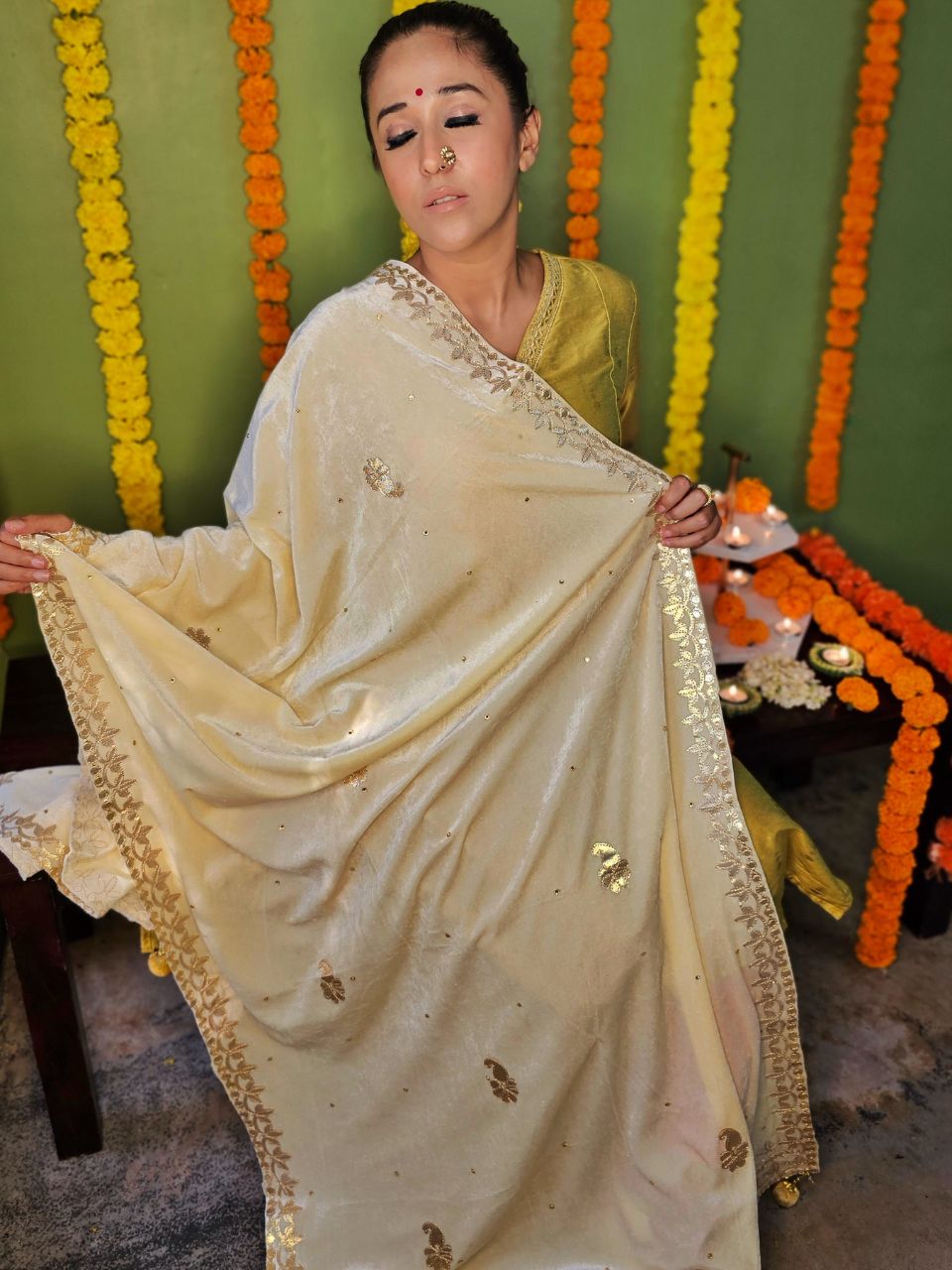 Gotta Patti Work Velvet Cream Dupatta With Danglers