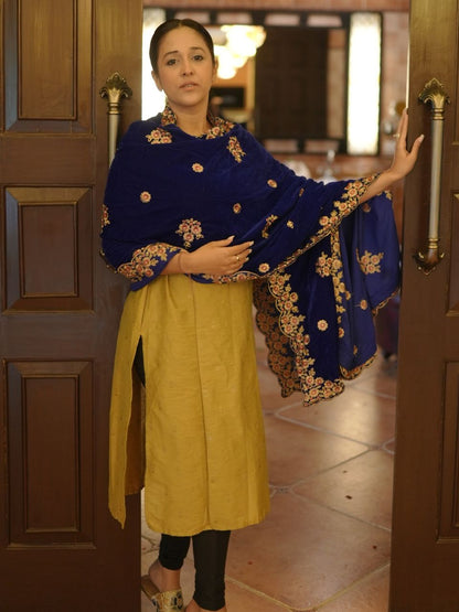 Royal Blue Velvet Dupatta with Gold Embroidery & Cutwork Border