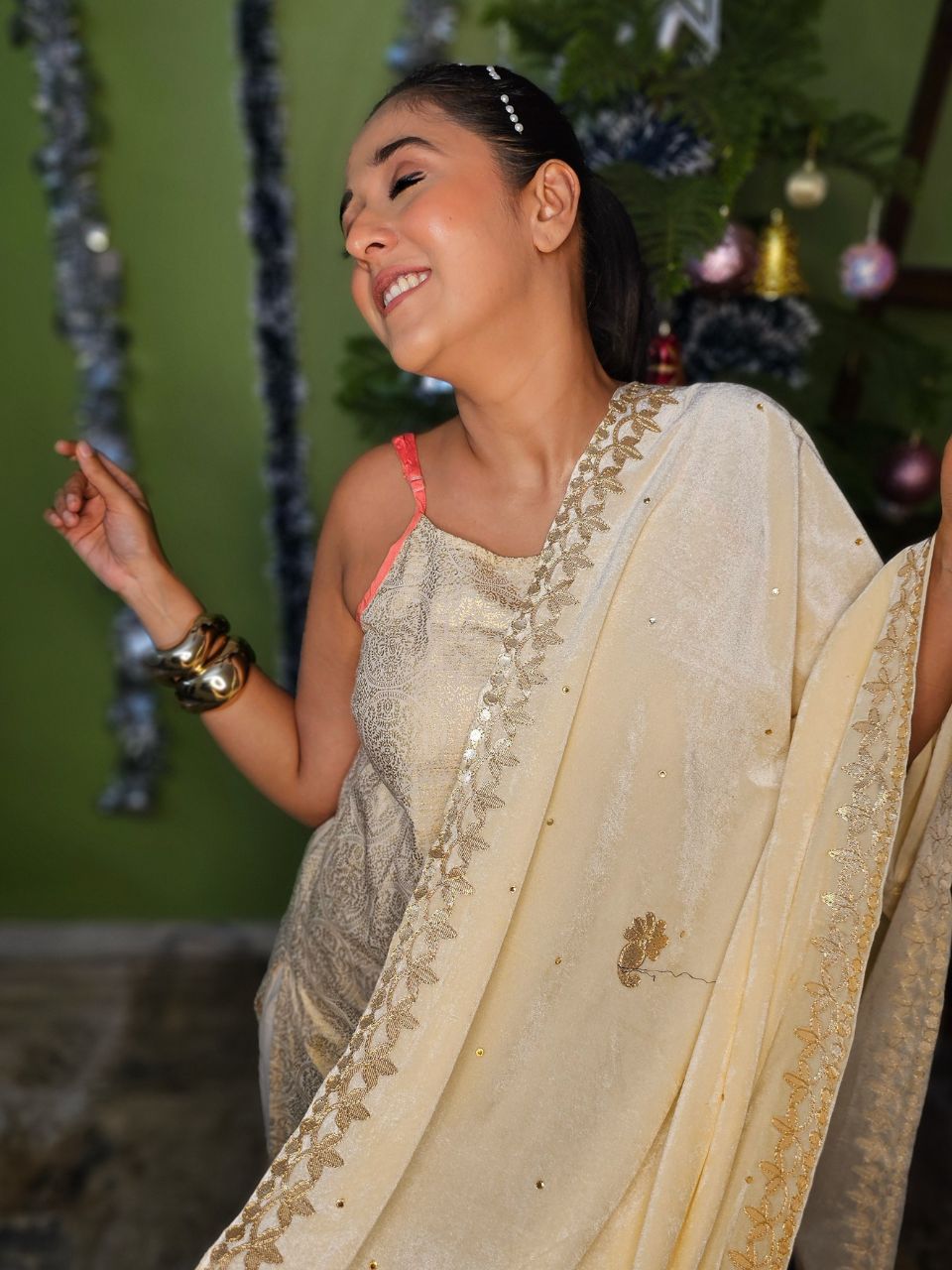 Gotta Patti Work Velvet Cream Dupatta With Danglers