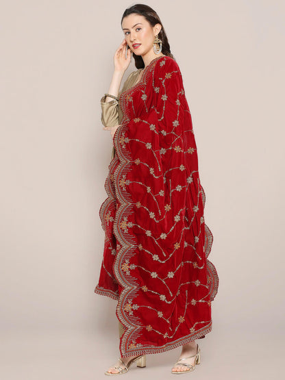 Scalloped Velvet Dupatta with Gold Embroidery